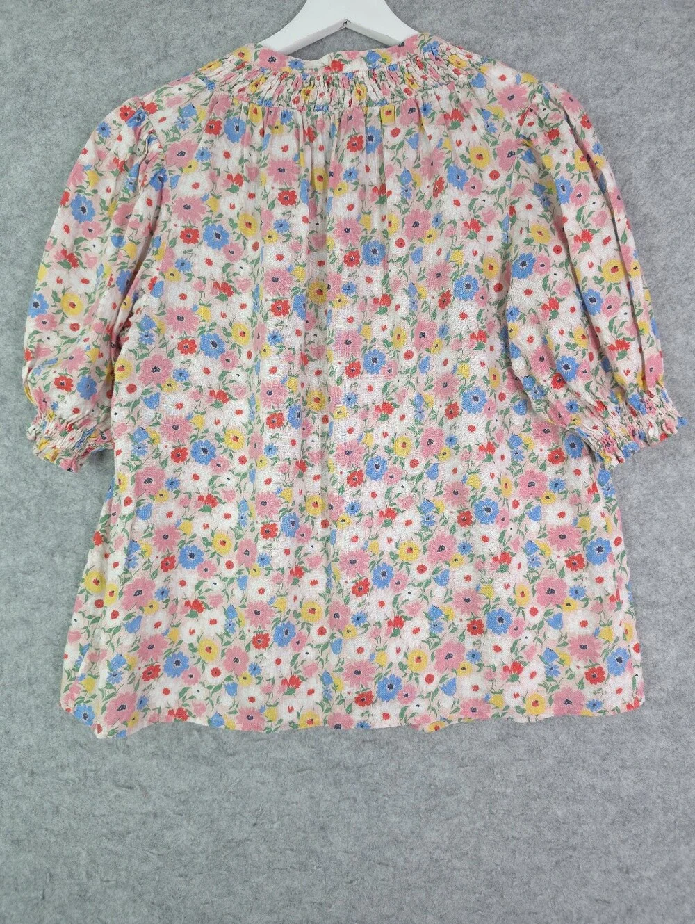 Boden Linen Floral Smocked Blouse Puff Short Sleeve Top Multicolor Size 10
